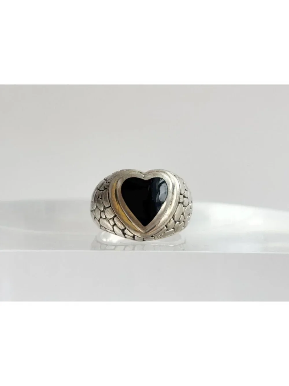 Heart Black Onyx Tortoise Shell Pattern Sterling Silver 925 Vintage Ring sz 6.5
